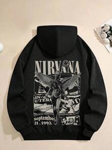 Comfortable And Simple Style Men's Regular Hooded Sweatshirt EWH Men's Hoodie, Retro, Nirvan A Band Themed, Graphic Print, Pattern, Loose Fit, Long Sleeved, Top 009 - B - 黑色 - 查看 1