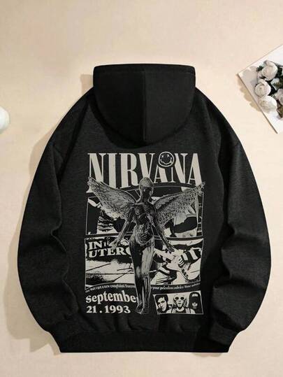 Comfortable And Simple Style Men's Regular Hooded Sweatshirt EWH Men's Hoodie, Retro, Nirvan A Band Themed, Graphic Print, Pattern, Loose Fit, Long Sleeved, Top 009 - B
