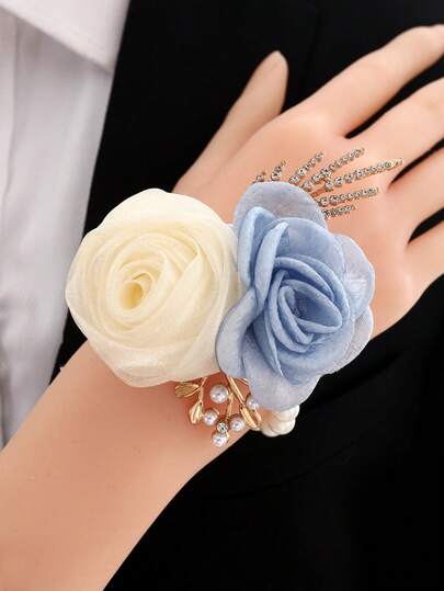 1 st. handledskorsage för kvinnor, brudtärna, brud, bröllopsfest, armband med konstgrön ros och solrosblomma, bal, fest, bröllopsaccessoar