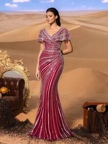 Faeriesty Deep V-Neck Mermaid Cut Long Dress, Puff Sleeve Design, Fully Decorated With Sequin Embroidery. Suitable For Weddings, Galas And Red Carpet Events - Burgundy - View 6