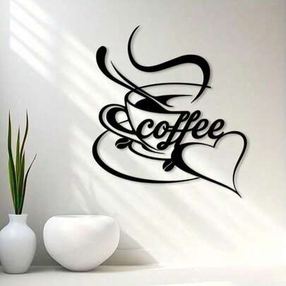 CIF BUY Vintage Iron Coffee Cup Wall Decor, Featuring Elegant Cursive Font And Delicate Heart-Shaped Steam Design. Durable Weather-Resistant Metal Construction, Suitable For Indoor And Outdoor Display.
