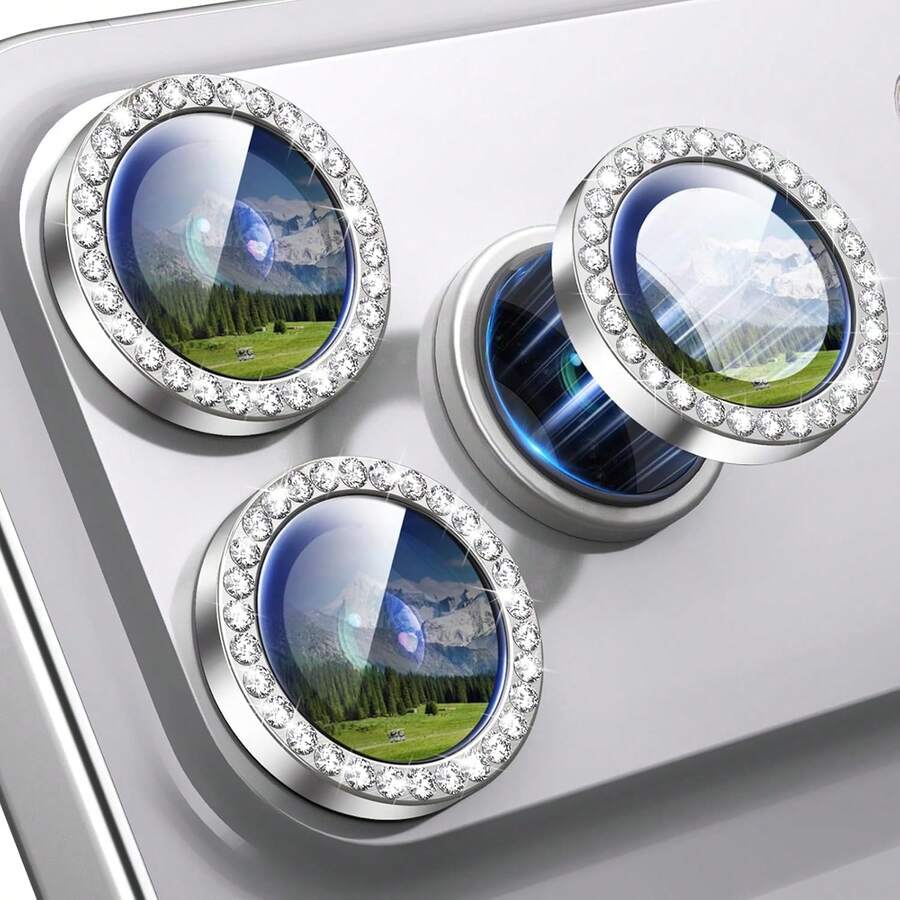 1 Set Of 3pcs Shiny Colorful Camera Lens Protector Film With Metal Ring, Compatible With IPhone 17/13/14/Pro/Max/15/16 Pro Max Applicable To Daily Shield, Office, Home Daily Shield Office Home Phone Camera Cover Sparkling Crystal Waterproof Shockproof Anti-Fall Scratch Resistant - Silver - View 1