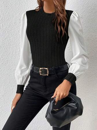 Women's Elegant Ribbed Knit Crew Neck Long Sleeve Regular Length Knit Fabric T-Shirt, With Puffy Sleeves, Medium Stretch, Black & White Top