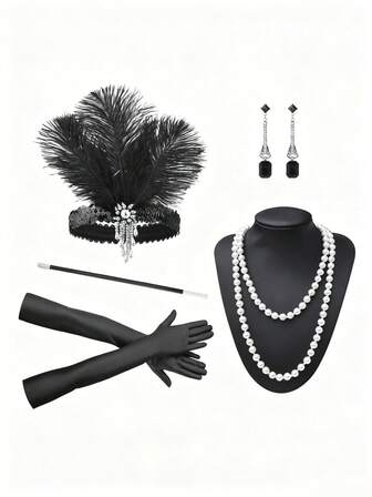 5-delat set med retro-festaccessoarer från 1920-talet för damer, inklusive ett Charleston-fjäderkupp, ett halsband med fuskpärlor, örhängen och långa handskar, perfekt för damernas Halloween-festklädsel.