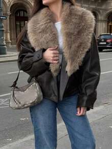 Seelio 秋冬新款女士时尚夹克，欧美风格简约百搭可拆卸领人造革夹克