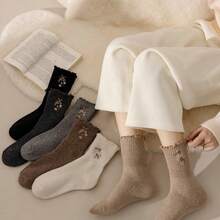 3/6 Pairs Of Warm Embroidered Wool Socks (White, Coffee, Light Gray, Black, Dark Gray), Autumn And Winter