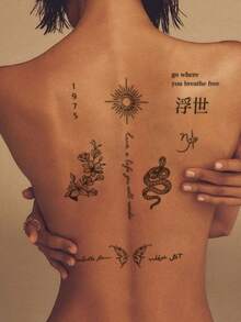 一套时尚脊椎纹身贴纸，复古小众组合纹身贴纸 - 浮世绘文字/太阳/蛇/花卉暗黑极简防水背部纹身贴纸，脊椎纹身 - 黑色 - 查看 4