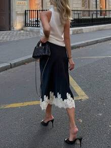 Women's Lace Trim Satin Silk Midi Skirt Y2K Elegant Silky Flowy A Line Long Skirt Vintage Bodycon Pencil Maxi Skirts Going Out Beach Vacation Skirt Streetwear - 黑色 - 查看 4