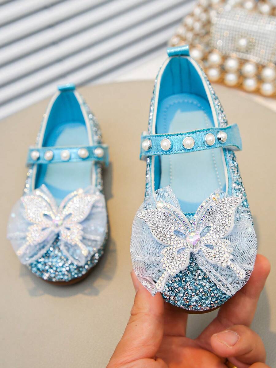 1 Pair Girls' Glitter Flat Shoes, Made Of Shiny PU Material, Inlaid With Rhinestones And Pearl Bow, Closed Toe Design, Suitable For Party, Dancing And Daily Occasions - Blue - View 1