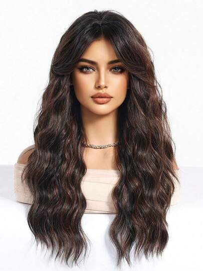24-Inch Brown Highlight Bangs With Long Curly Hair, Rose Net Cap ,Blonde Wig,Wigs For Women,Soft Synthetic Hair,Fashion Must-Haves,Comfortable To Wear,Natural Look,Musthave For Beginners,Comfortable To Wear, Versatile For Daily & Party &Cosplay&Festival&Music Festival Parties