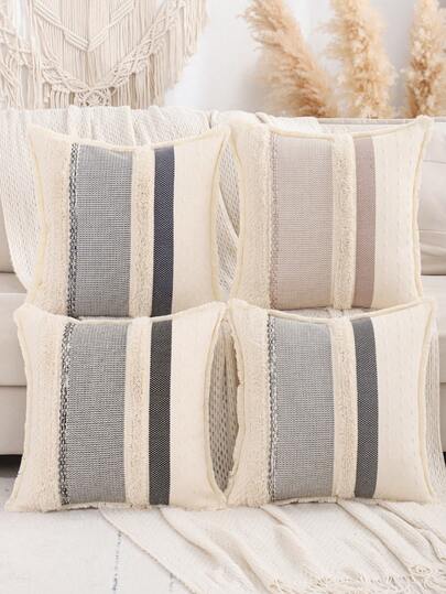 1件/2件装波西米亚风簇绒抱枕套，条纹提花亚麻农舍风装饰，适用于客厅沙发