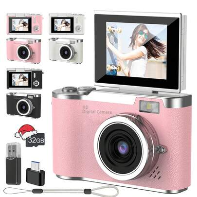 1080P HD bärbar digitalkamera, HD-kamera för fotografering och video, autofokus, höga pixlar, skakfri, 180° vändbar skärm med färgfilter, 8X digital zoom, lämplig för vuxna nybörjare som födelsedags-, nyårs- och julklapp (800mAh uppladdningsbart batteri)