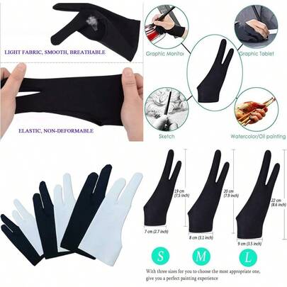 6 Pieces Artist Glove For Drawing Tablet S M L Two-Finger Tablet Drawing Gloves Digital Artist Gloves For Graphics Pen Drawing Tablet Monitor Painting-Three Size In One (Black/White)