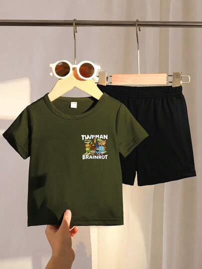 Toddler Boys' Casual Animal Print Round Neck Short Sleeve Top And Shorts Set, Summer
