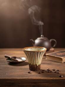 1pc Retro Crackle Vertical Stripe Ceramic Concentrated Latte Coffee Cup, Creative Coarse Pottery Tea Bowl Tea Cup, Cute Household Mug, High-End Office Grip Water Cup For Men And Women