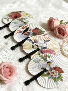 1/5/10个白色心形圆形纸扇，随机花鸟图案，可折叠纸扇，欧式户外婚礼用品，宴会及家居装饰（扇面为纸质，易碎，请轻拿轻放） - 花鳥扇隨機圖案 - 查看 5