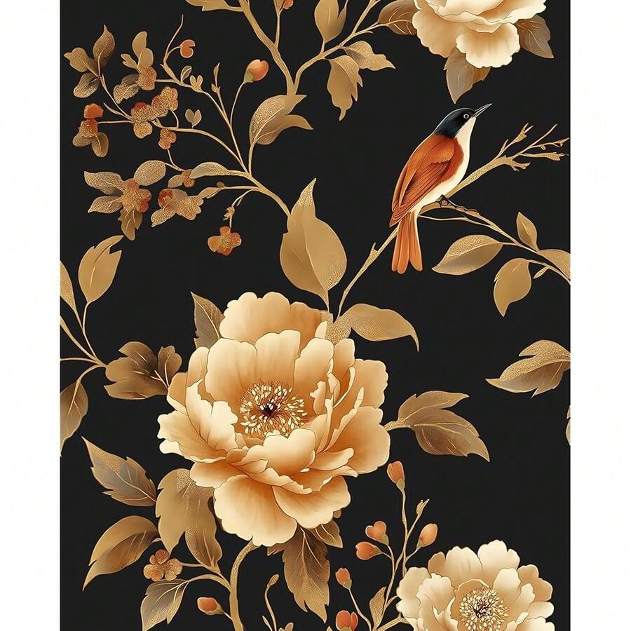 Vintage Floral Bird Wallpaper Peel And Stick Boho Wallpaper 17.5in X118in Black/Golden Floral Wall Mural Waterproof Se--Adhesive Modern Wall Paper For Bedroom Kitchen Cabinet Drawer Decor - 黑金鳥 - 查看 1