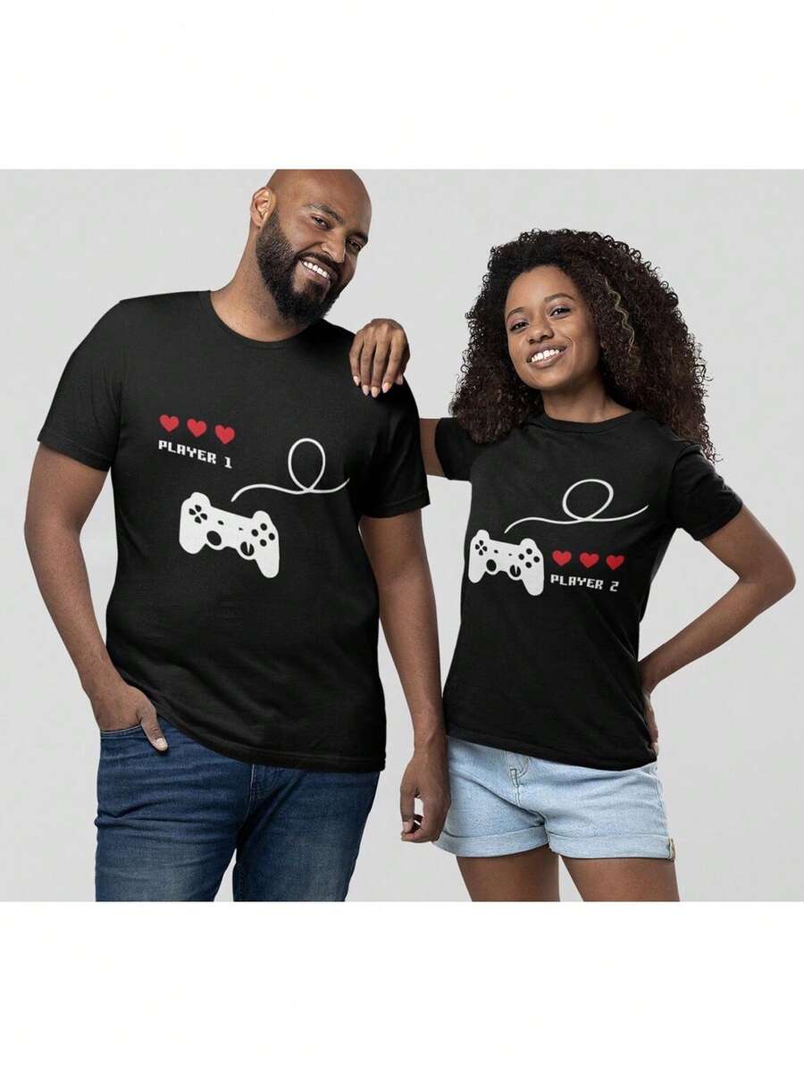 Valentine's Day-Shirt Confession Tee Gamer Couple-Shirts, Matching Anniversary Graphic Tees Men Crop Tops Couple Tee Art Outfits Men-Shirt - 黑色 1pcs WOMEN1 - 查看 1