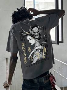 Men's Japanese Geisha Hannya Mask Graphic T-Shirt Summer Casual Fashion Streetwear Short Sleeve Tee Double Sided Print Dark Fantasy Samurai Art Harajuku Aesthetic Cotton Feel - Dark Grey - View 3