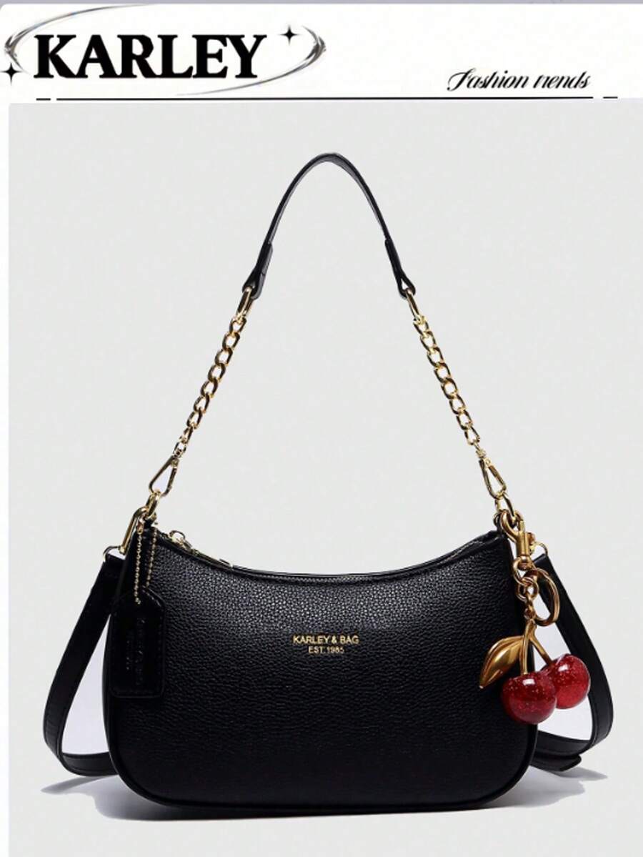 2026 New Fashion Classic Versatile Letter Graphic Decor Solid Color Waterproof PU Fabric Shoulder Bag/Crossbody Bag, Suitable For Shopping, Foldable - 黑色 - 查看 1