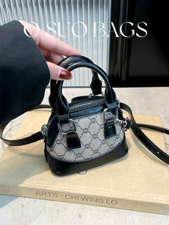 1st Mini 2-handtag PU-läder Crossbody-väska med tryckt dekor, dragkedja, mångsidig för läppstift och hörlurar