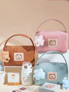 彩色灯芯绒化妆包，灯芯绒小熊收纳包，便携式手提小熊化妆包，可爱女孩手提包，旅行洗漱收纳包，适合作为生日、母亲节、圣诞节和伴娘婚礼礼物，旅行洗漱化妆包，化妆间装饰 - 查看 4