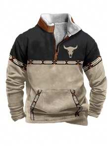 Men's Western Jacket - Embroidered Fur Pullover - Half-Zip Winter Standing Collar Retro Western Sweater With Pockets - SPS-BW-08 - 查看 1