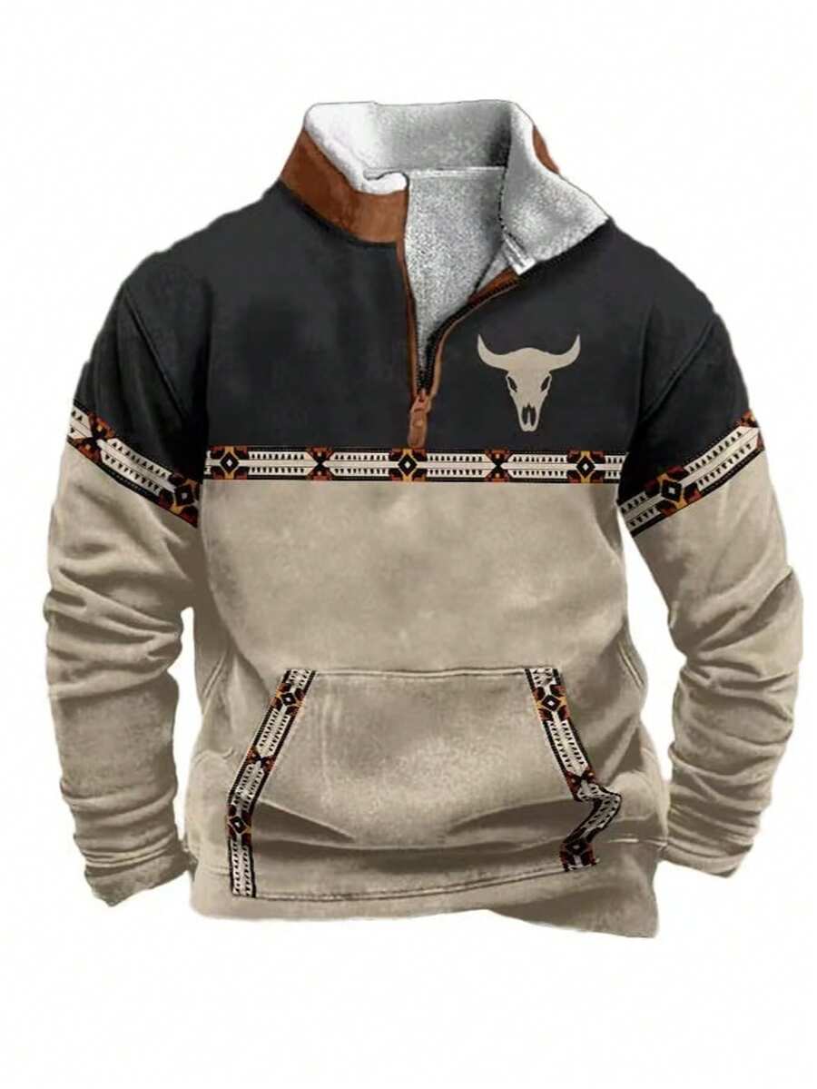 Men's Western Jacket - Embroidered Fur Pullover - Half-Zip Winter Standing Collar Retro Western Sweater With Pockets - SPS-BW-08 - 查看 1