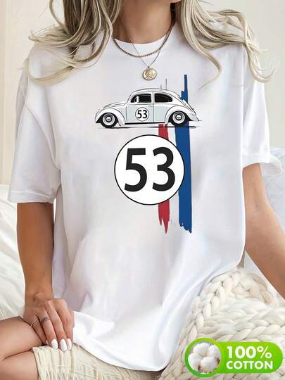 Camiseta unisex creativa con estampado de patrón de coche número 53, moda femenina, cuello redondo, manga corta, simple, casual, cómoda para las vacaciones, top de verano, ropa femenina