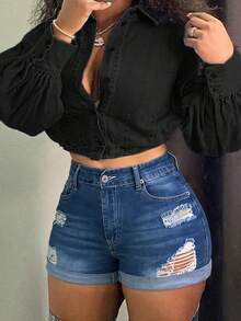 Shorts vaqueros cortos con tiro medio, rotos y elásticos que levantan el trasero para mujer de verano - Azul lavado oscuro - Ver 1