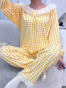 女士两件套睡衣，格子印花T恤上衣和格子印花七分裤，舒适休闲睡衣，适合春、秋、冬季穿着。 - 黃色 - 查看 8