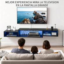 INICO Mueble Flotante para TV 70 con Luces LED, Repisas Flotantes de Pared para TV con Toma de Corriente, Sencillo y Ahorra Espacio Debajo para Salón, Dormitorio, Marrón - Negro - Ver 7
