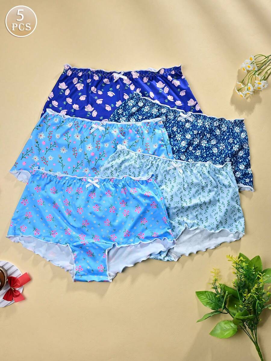 运动款 5 件装 - 蓝色碎花女士三角裤，清新蓝色花簇印花，荷叶边下摆和蝴蝶结装饰，柔软舒适面料，适合日常穿着 - 彩色 - 查看 1