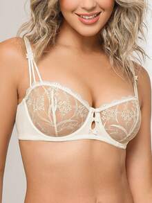 WINGSLOVE romantischer Spitzen-BH mit Bügel, florale Stickerei-Optik. Weiche und atmungsaktive Spitze mit zarter floraler Stickerei, die feminine Eleganz ausstrahlt. Verstellbare Schleifenträger und Mehrfach-Hakenverschluss am Rücken für einen bequemen, individuellen Sitz. Geformte Cups bieten einen sanften Lifteffekt, geeignet für den täglichen Gebrauch oder legere Unternehmungen. Eine ideale Wahl für modische und komfortable Lingerie! - Weiss - Übersicht 3
