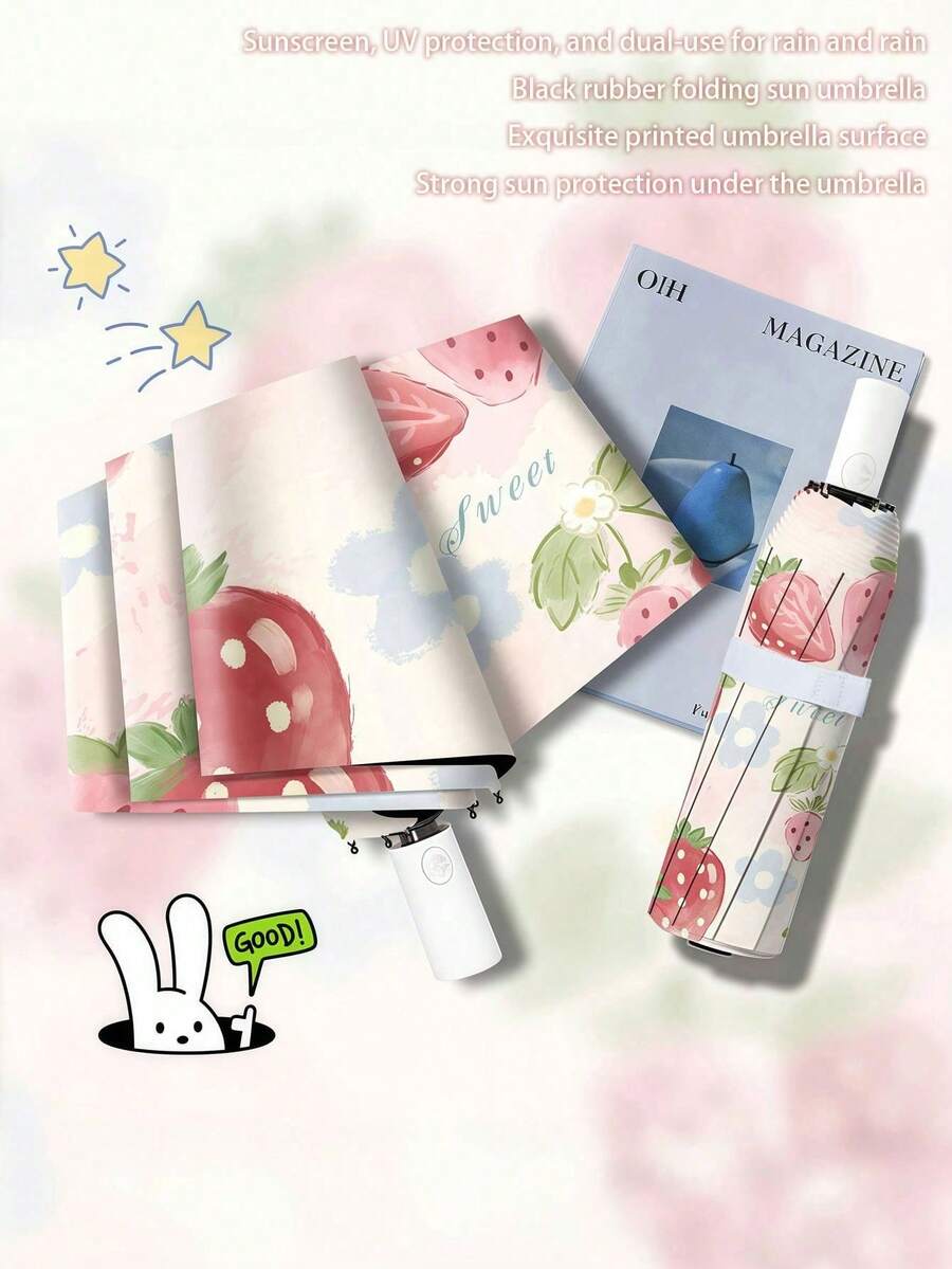1pc Watercolor Strawberry Automatic Umbrella, Women's Sunscreen UV Protection Folding Parasol, Suitable For Sunny And Rainy Days