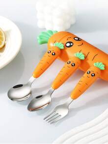 Carrot Shaped Plastic Handle Stainless Steel Cutlery Set. Creative Cartoon Carrot Tableware. Kitchen & Dining Supplies, Home Essentials. Convenient And Practical, Stylish. - Multicolor - View 2