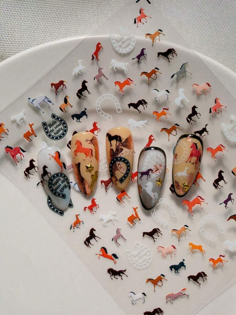 1片复古马术风格美甲贴纸，可爱马蹄铁美甲设计，新年骑马短指甲贴，自粘装饰美甲配件 - 彩色 - 查看 1
