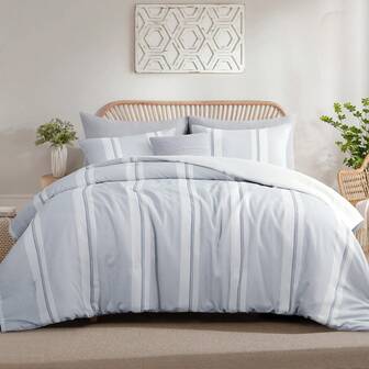 AISBO White Striped Weave Comforter Set, Twin Size, White Knit Boho Duvet Cover Set, Microfiber Textured Bedding Set,Twin,Queen,King.