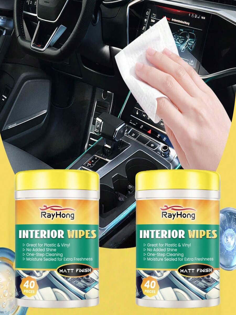 rayhong 40pcs/Box Car Interior Cleaning Wet Wipes, Stain & Grease Remover, Interior Polishing Portable Wipes. Protects And Cleans Artificial Leather Sofas, Car Seats And Shoes, Prevents Cracking And Fading. Can Refresh, Restore Gloss And Enhance Interior Texture. Simple To Use: Remove The Inner Sealed Lid, Wipe Stains With The Wet Cloth, Repeat Until Stains Are Completely Removed.
