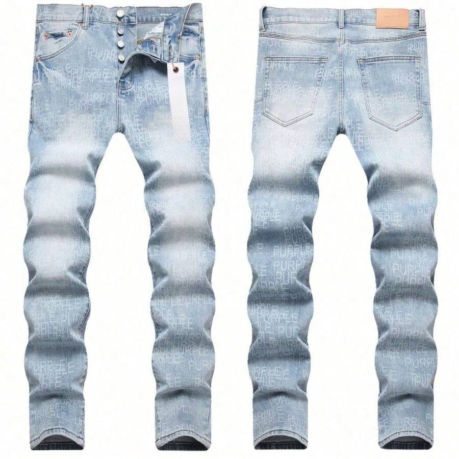 Pantalones vaqueros para hombre, pantalones de otoño-invierno para hombre, pantalones largos de mezclilla azules sencillos de estilo urbano con estampado digital para hombres jóvenes y elegantes. - Azul - Ver 1