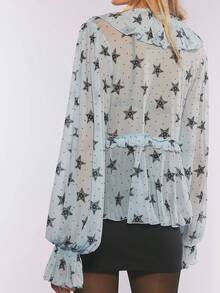 Women Sheer Star Print Blouse Y2K Cute Ruffle Trim V Neck Tie Front Long Sleeve Top Chiffon See Through Shirt - Blue - View 2