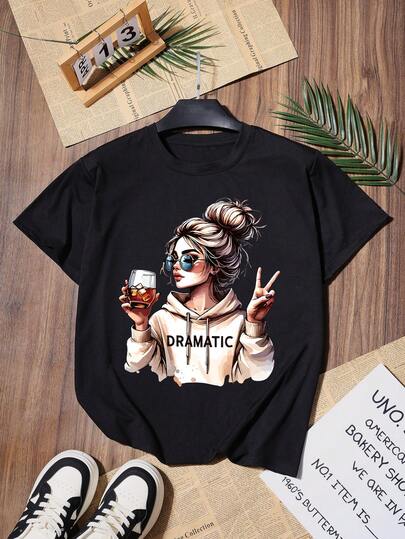 Es Trus Plus Summer Women's Loose Fit Fun "Woman Portrait" Letter Retro Print Street Style Hip Hop T-Shirt, Korean Style Comfortable Retro Distressed Fashion Commuting Versatile Y2K Apparel, Suitable For Outdoor Leisure, Niche Punk Style Black Loose Fit Crew Neck Short Sleeve Plus Size T-Shirt