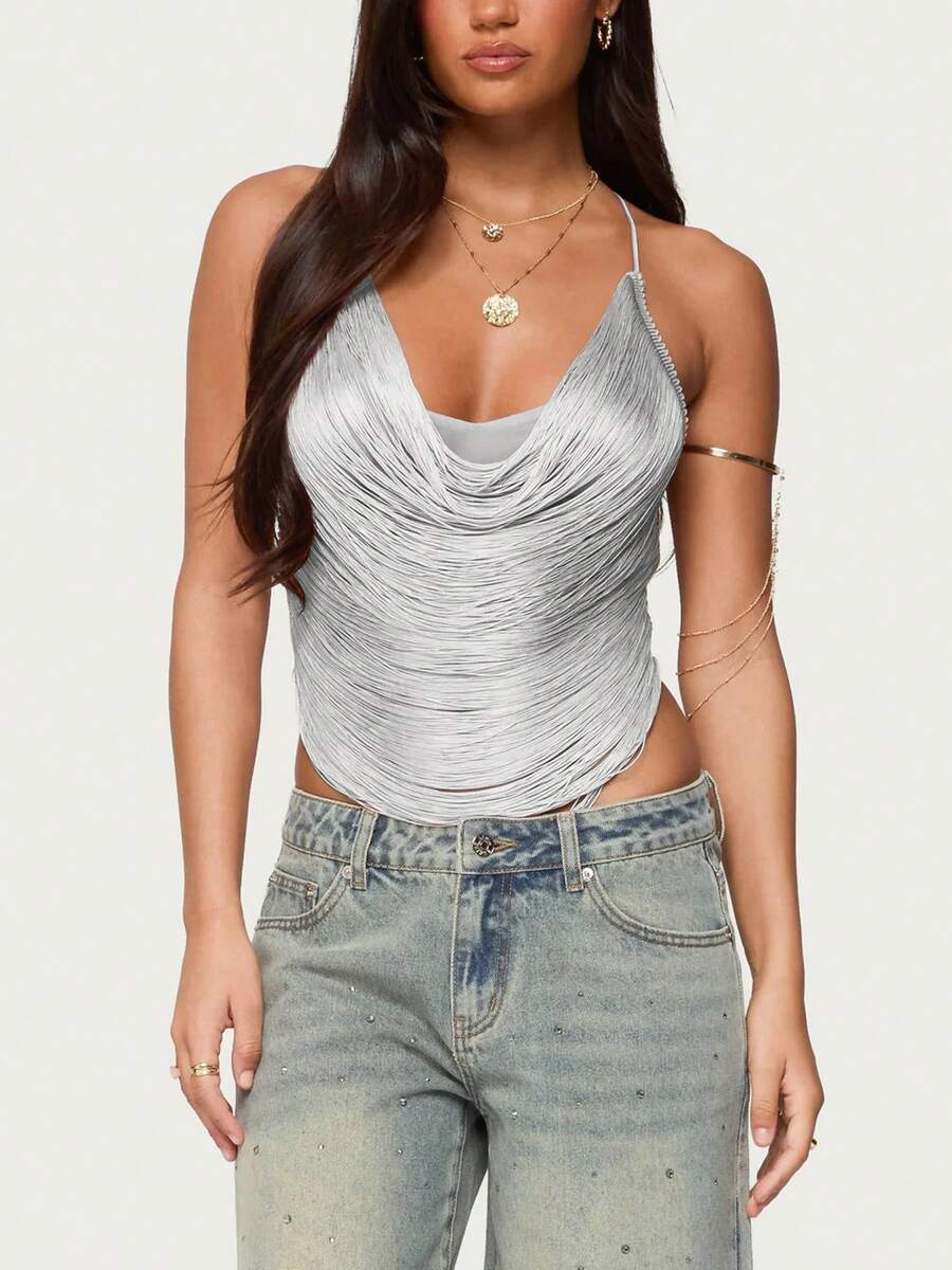 Sophisticated Artisanal Sequin-Fringed Whimsical Tank, Hand-Strung Metallic Sequins Cropped Top With Radiant Movement, Luxe Party  Night Out Glamour Top For Women - 灰色 - 查看 1