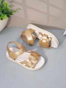 1 Pair Kids' Metallic Gold Woven Detail PU Soft Sole Open-Toe Slingback Flat Sandals | Princess Shoes For Toddler Girls Party/Holiday - Camel - View 5