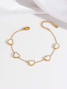 Metallic Chain & Mother-Of-Pearl Heart Bracelet, Delicate & Fresh Design, Sweet Element Jewelry For Daily Commute - Multicolor - View 7