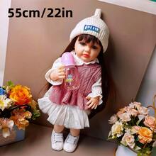 22英寸全身软胶重生娃娃，55厘米（时尚两件套服装+帽子）公主幼儿娃娃，艺术娃娃，女孩生日礼物，圣诞礼物，家居装饰 - 棕色嘟嘟粉紅兩件套 - 查看 3