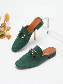 Women's Elegant Green Faux Suede Slip-On Mules With Metal Buckle, Flat Square Toe, Preppy Style For Office - Army Green - View 1