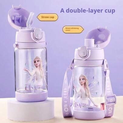 Disney Officially Licensed Elsa Cute Purple Water Bottle, Double-Layer Lid High Cost-Performance Water Bottle, Large Capacity Portable Girls Water Cup, Suitable For Daily Use, Travel, Picnic, Birthday And Christmas Gifts