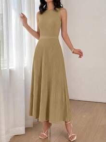 Women Summer Sleeveless Midi Dress Crewneck Ribbed Knit Pleated Swing A-Line Flowy Dress Solid Color Casual Spring Holiday Vacation Valentine Long Midi Dress Outfits - 駝色 - 查看 5