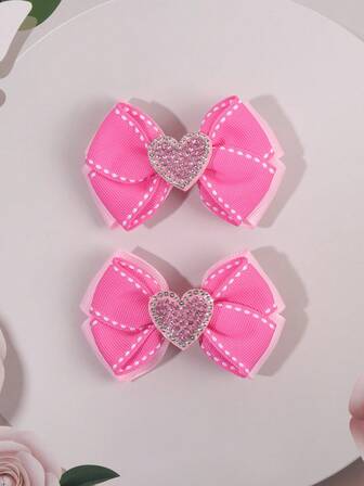 2个粉色情人节发夹，女士粉色罗缎蝴蝶结发夹，心形水钻发卡，女士发饰，爪夹，发卡，情人节配饰礼物